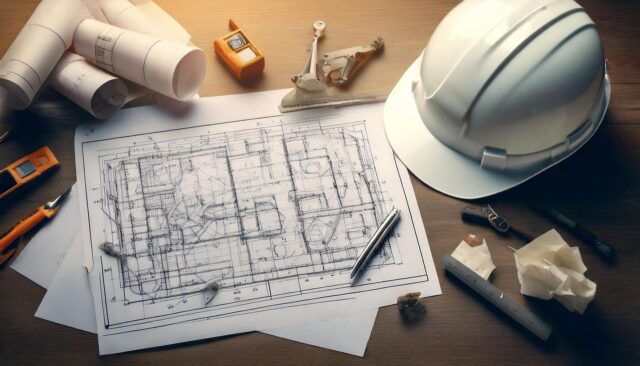 General Contractor table with white hard hat, plans and tools